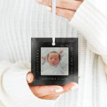 Minimal Baby Name Birth Stats Photo Black Keepsake Glass Tree Decoration<br><div class="desc">Minimal and modern simple baby photo & birth Stats keepsake photo ornament. The design features a simple minimal design with a square photo design to display your special baby photo. The Baby's Name,  date,  time,  and birth stats are displayed in a simple modern design around the photo.</div>
