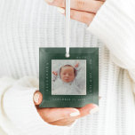 Minimal Baby Name & Birth Stats Photo Keepsake Glass Tree Decoration<br><div class="desc">Minimal and modern simple baby photo & birth Stats keepsake photo ornament. The design features a simple minimal design with a square photo design to display your special baby photo. The Baby's Name,  date,  time,  and birth stats are displayed in a simple modern design around the photo.</div>