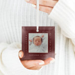 Minimal Baby Name & Birth Stats Photo Red Keepsake Glass Tree Decoration<br><div class="desc">Minimal and modern simple baby photo & birth Stats keepsake photo ornament. The design features a simple minimal design with a square photo design to display your special baby photo. The Baby's Name,  date,  time,  and birth stats are displayed in a simple modern design around the photo.</div>