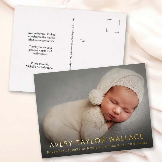 Minimal Baby Photo Birth Announcement thank you (Minimal modern baby photo gold foil birth announcement thank you cards.)