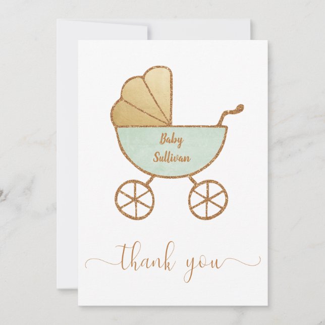 Minimal Baby Shower Retro Carriage Mint Gold Thank You Card (Front)