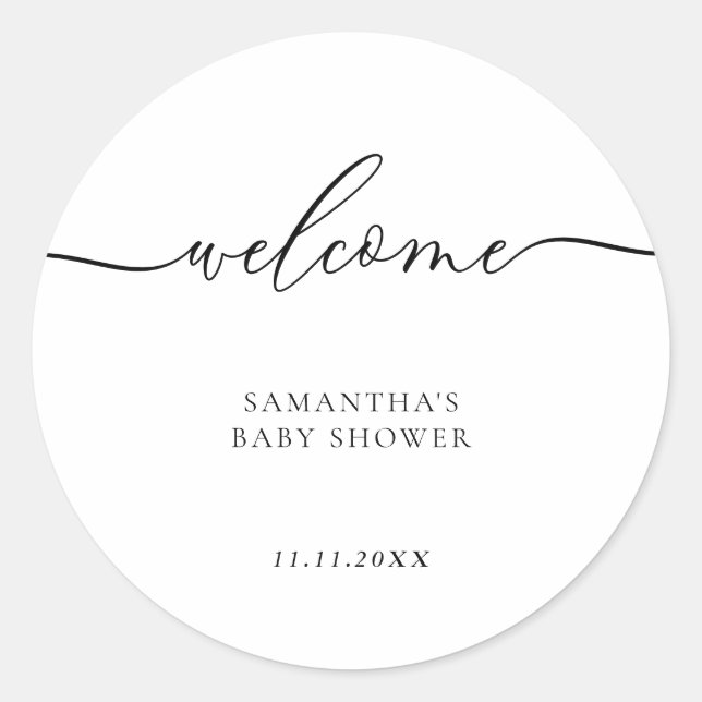 Minimal Baby Shower Script Lettering Welcome Classic Round Sticker (Front)