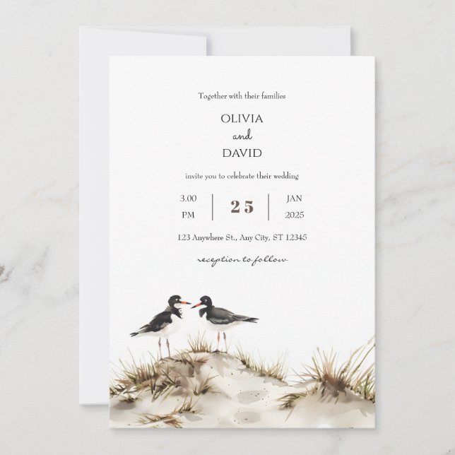 Minimal Beach Sand Dunes Oystercatchers Wedding Invitation (Front)