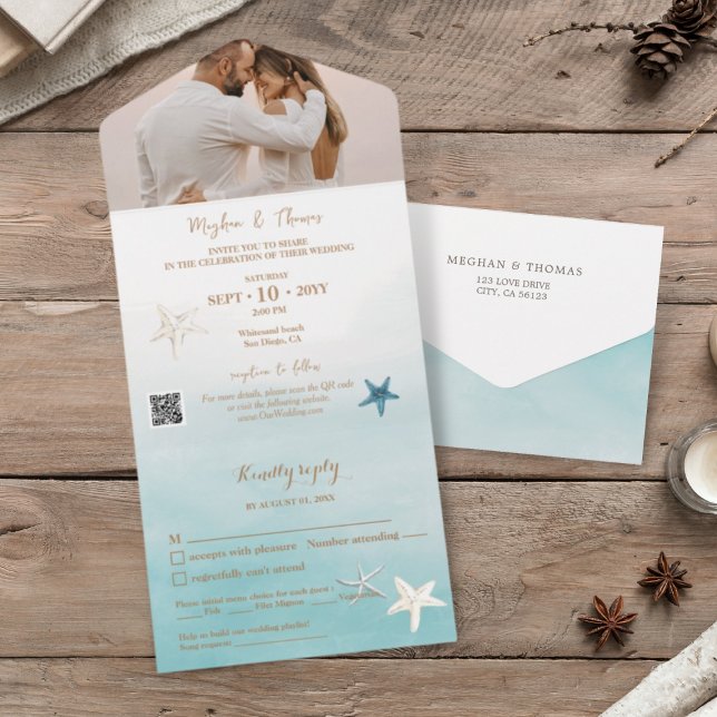 Minimal Beach Wedding with Photo QR code RSVP  All In One Invitation (Creator Uploaded)