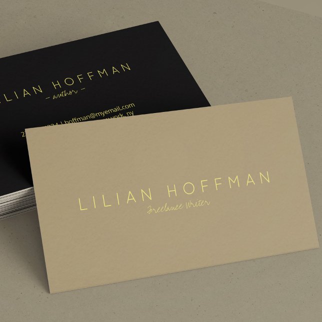 Minimal beige black gold script freelance writer business card (Creator Uploaded)