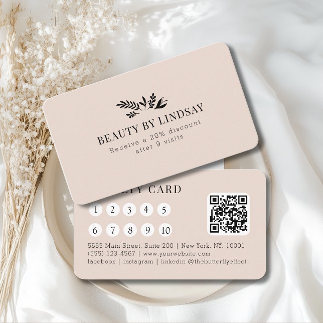 Minimal Beige Botanical Salon QR-Code Loyalty Business Card (Minimal Beige-Blush Botanical Salon QR-Code Loyalty Business Card)