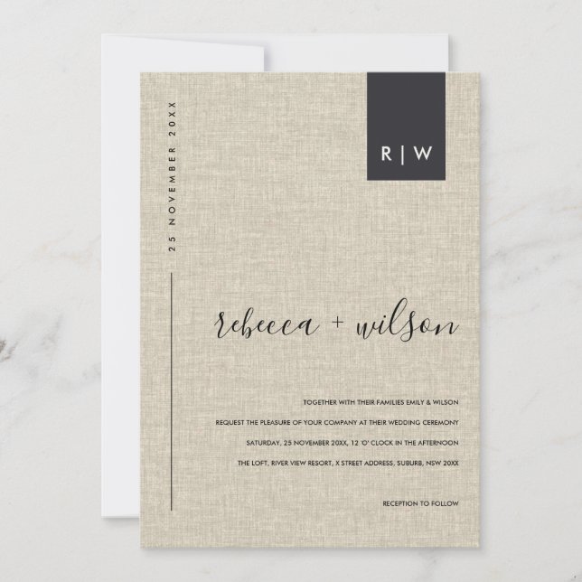MINIMAL BEIGE CAMAL LINEN TYPOGRAPHY WEDDING INVITATION (Front)