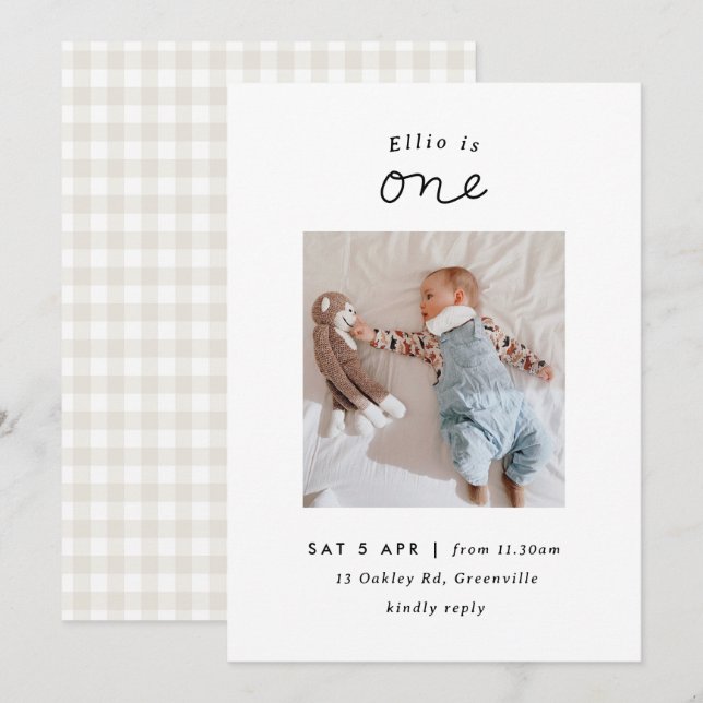 Minimal Beige Gingham Photo 1st Birthday Invite (Front/Back)