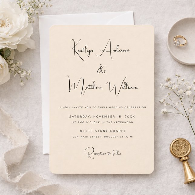 Minimal Beige Modern Elegant Typography Wedding Invitation (Simple Beige with Black Script Wedding invitation)