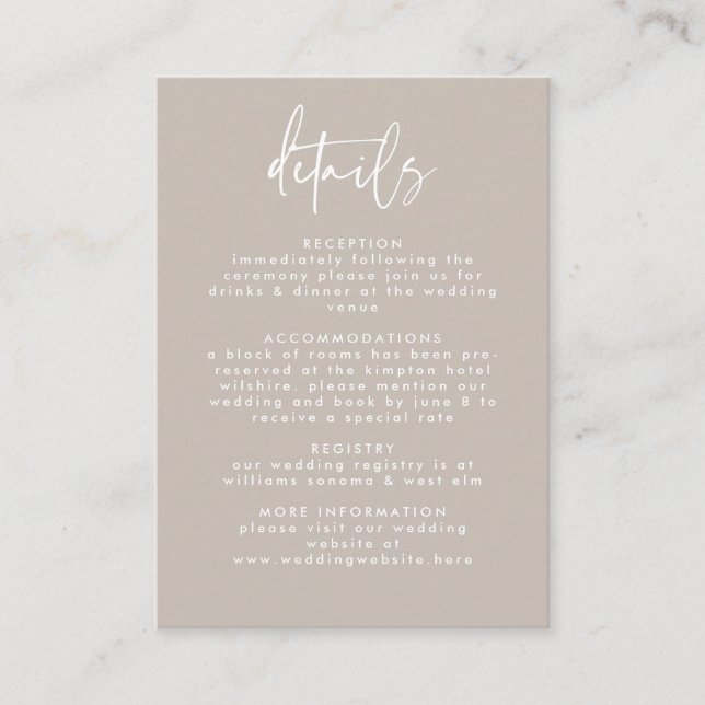 Minimal Beige White Handwritten Script Wedding  Enclosure Card (Front)