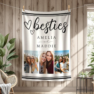 Minimal Besties Photo Collage Black and White Fleece Blanket