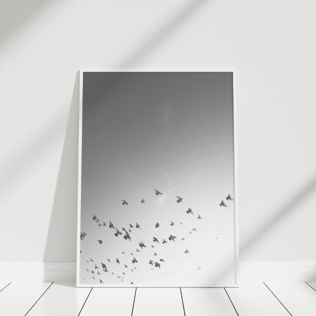 Minimal Birds in Flight Black and White Wall Art (Black and White Flying Birds Poster Print in a white frame.)