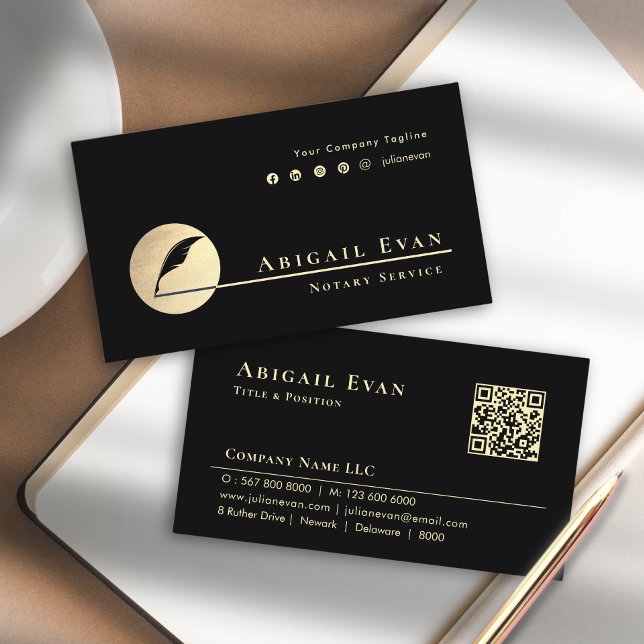 Minimal Black and Gold Feather Logo Notary Service Business Card (Minimal Black and Gold Feather Logo Notary Service Business Card)