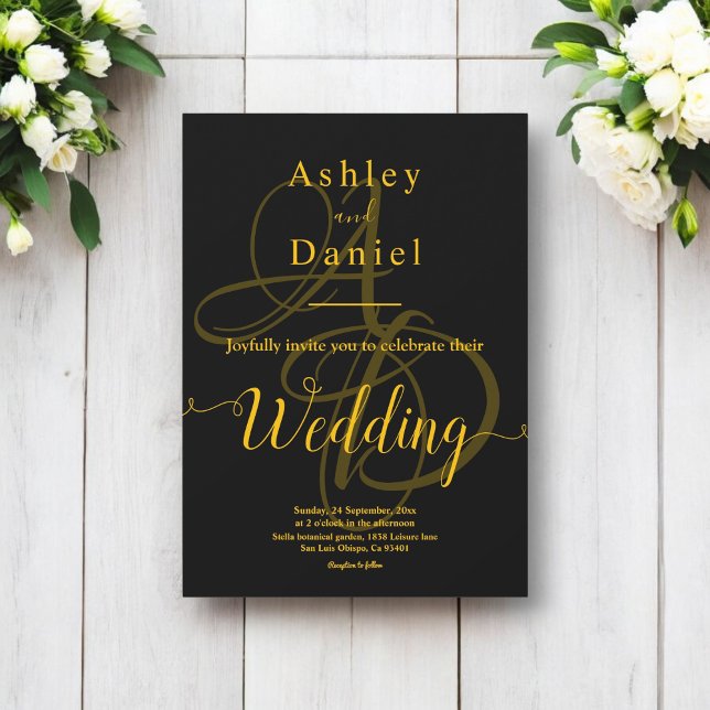 Minimal Black And Gold Monogram Delicate Wedding Invitation (Creator Uploaded)