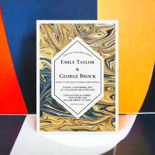 Minimal Black And Gold Waves Abstract Art Wedding Invitation