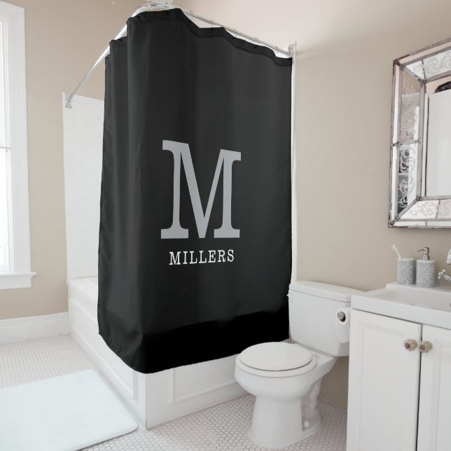 Minimal Black And Silver Family Name Monogrammed  Shower Curtain (In Situ)
