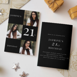 Minimal black and white 3 photo 21st birthday invitation