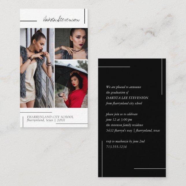 Minimal Black and White Artsy Graduation Photo Business Card (Front/Back)