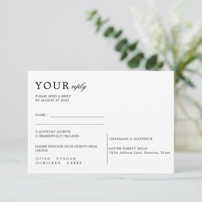 Minimal Black and White Bold Script Wedding RSVP Card (Standing Front)