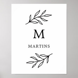 Minimal Black and White Botanical Leaves Monogram Poster