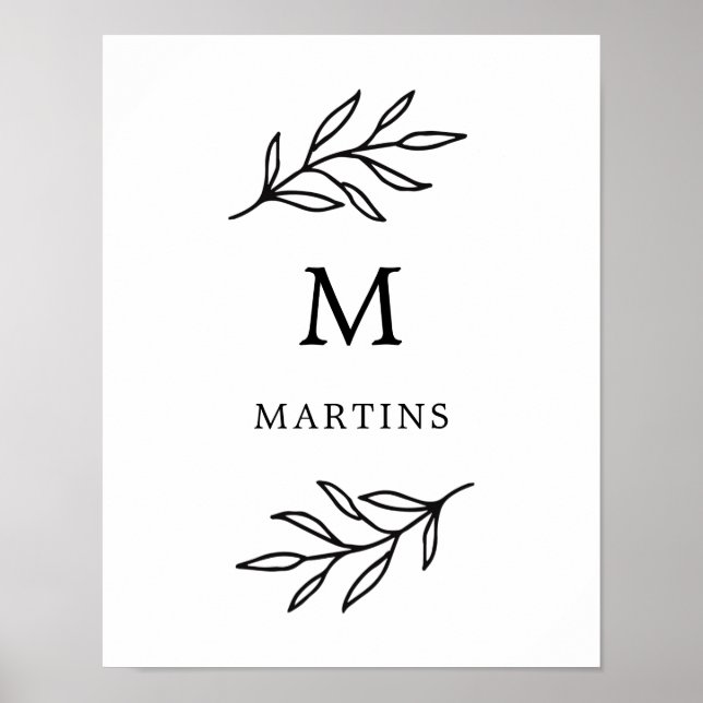 Minimal Black and White Botanical Leaves Monogram Poster (Front)