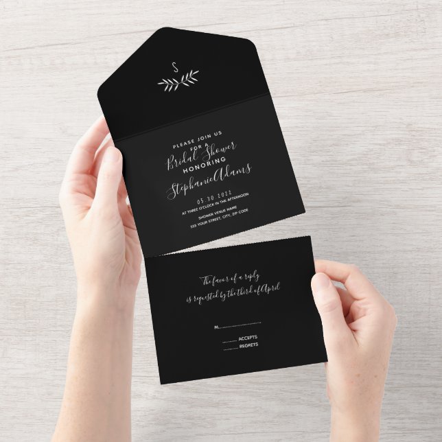 Minimal Black and White Branch Calligraphy Bridal  All In One Invitation (Tearaway)
