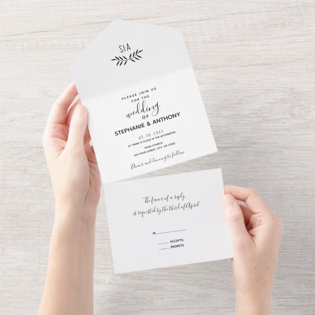 Minimal Black and White Branch Calligraphy Wedding All In One Invitation (Tearaway)