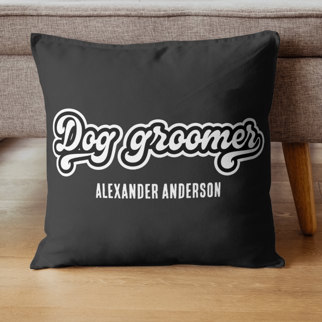 Minimal Black and White Dog groomer Custom Name  Cushion (Minimal Black and White Dog groomer Custom Name Throw Pillow)