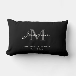 Minimal Black and White Family Name Monogram Lumbar Cushion