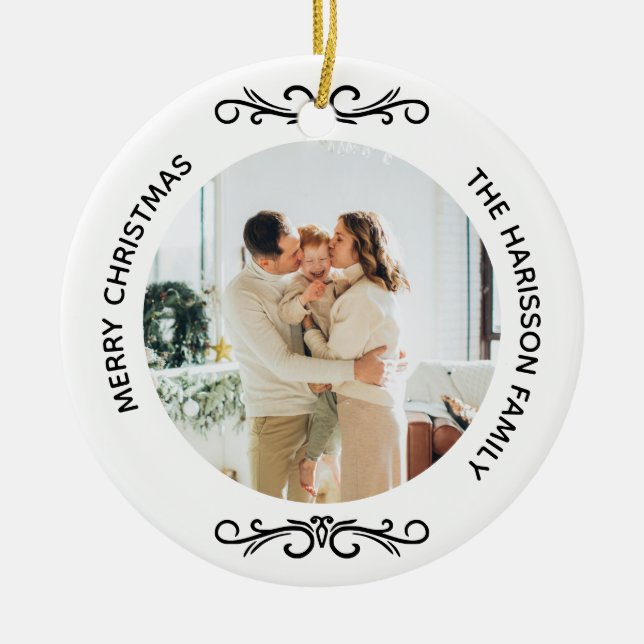 Minimal Black and White Family Two Photos Ceramic Ornament (Front)