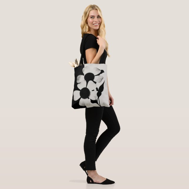 Minimal Black and White Floral Pattern Tote Bag (On Model)