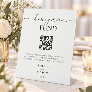 Minimal Black and White Honeymoon Fund QR Code Pedestal Sign
