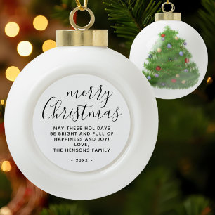 Minimal Black and White Merry Christmas Script Ceramic Ball Christmas Ornament