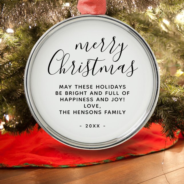 Minimal Black and White Merry Christmas Script Metal Ornament (Creator Uploaded)