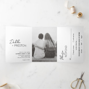 Minimal Black and White Photo Modern Wedding Tri-Fold Invitation