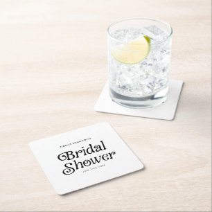 Minimal  Black and White Retro Bridal Shower Square Paper Coaster