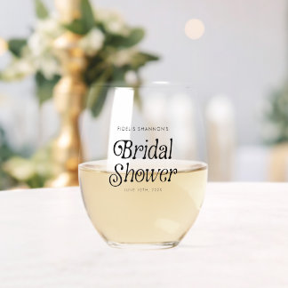 Minimal  Black and White Retro Bridal Shower Stemless Wine Glass