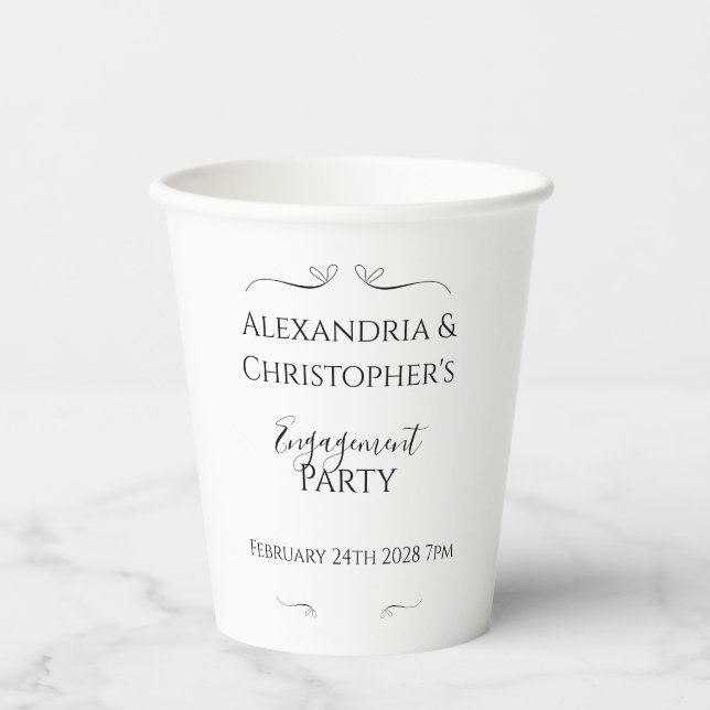 Minimal Black and White Script Engagement Party Paper Cups (Front)