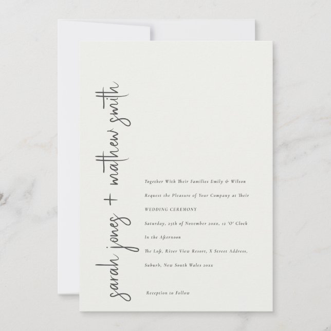 Minimal Black And White Script Typography Wedding Invitation (Front)