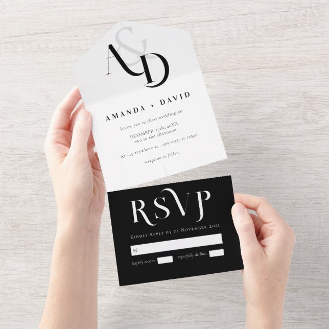 Minimal Black and White Simple Wedding  All In One Invitation (Tearaway)