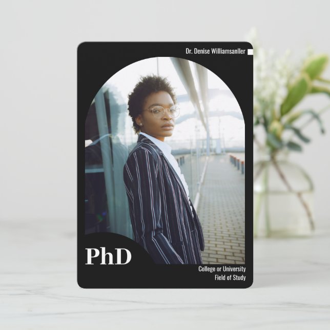 Minimal Black Arch Photo PhD Graduation  Announcement (Standing Front)