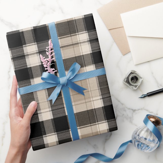 Minimal Black Beige Fine Check Sand Plaid Pattern Wrapping Paper (Gifting)