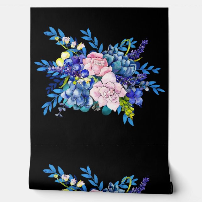 Minimal Black Blue and Pink Colour Floral Design Wallpaper (Unrolling)