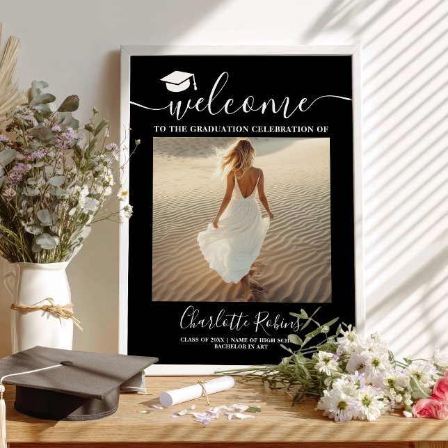 Minimal black Boho Graduation Welcome Photo Sign (Minimal black Boho Graduation Welcome Photo Sign)