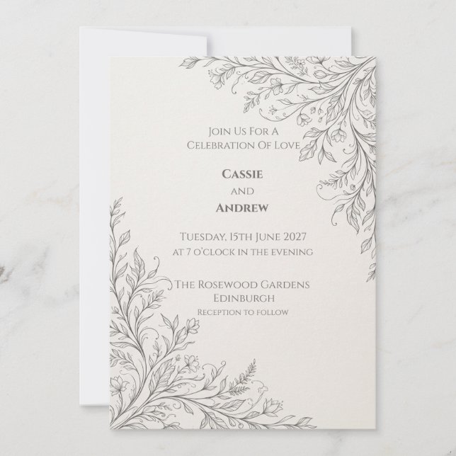 Minimal Black Botanical Line Art Wedding Invitation (Front)