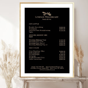 Minimal Black Botanical Salon Price List Poster