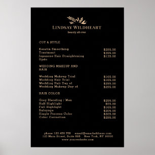 Minimal Black Botanical Salon Price List Poster