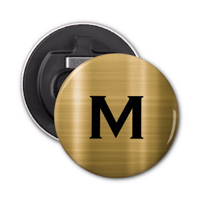 Minimal Black Brushed Gold Monogram Bottle Opener (Front)