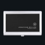 Minimal Black Classic Monogram Business Card Holder<br><div class="desc">Minimalist monogram design with classic block monogram medallion in a classic font with personalised name and title below on a simple black background. Personalise for your custom use.</div>