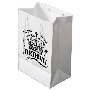 Minimal Black Crown Birthday Typography White Medium Gift Bag